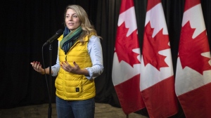 Minister of Foreign Affairs Mélanie Joly speaks to the media at the Hamilton Convention Centre, in Hamilton, Ont. on Tuesday, January 24, 2023. Canada is imposing sanctions against a number of Russian media personalities and companies accused of spreading disinformation about Moscow's invasion of Ukraine. THE CANADIAN PRESS/Nick Iwanyshyn