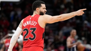 Toronto Raptors guard Fred VanVleet reacts after the team's field goal during the second half of an NBA basketball game against the Houston Rockets, Friday, Feb. 3, 2023, in Houston. (AP Photo/Eric Christian Smith)