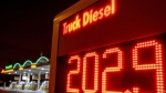 The Diesel price for trucks is displayed at a gas station in Frankfurt, Germany, Friday, Jan. 27, 2023. A European ban on imports of diesel fuel and other products made from crude oil in Russian refineries takes effect Feb. 5. The goal is to stop feeding Russia's war chest, but it's not so simple. Diesel prices have already jumped since the war started on Feb. 24, and they could rise again. (AP Photo/Michael Probst)