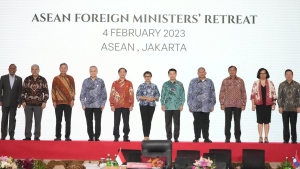 From left to right; Malaysian Foreign Minister Zambry Abdul Kadir, Philippine's Foreign Secretary Enrique Manalo, Singaporean Foreign Minister Vivian Balakrishnan, Thailand's Foreign Minister Don Pramudwinai, Vietnam's Foreign Minister Bui Thanh Son, Indonesian Foreign Minister Retno Marsudi, Laotian Foreign Minister Saleumxay Kommasith, Brunei's Second Minister of Foreign Affair Erywan Yusof, Cambodia's Foreign Minister Prak Sokhonn, East Timor's Foreign Minister Adaljiza Magno and ASEAN Secretary General Kao Kim Hourn pose for a group photo during the Association of Southeast Asian Nations (ASEAN) foreign ministers retreat in Jakarta, Indonesia, Saturday, Feb. 4, 2023. (AP Photo/Achmad Ibrahim)