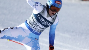 United States' Mikaela Shiffrin fails to complete the slalom portion of an alpine ski, women's World Championship combined race, in Meribel, France, Monday, Feb. 6, 2023. (AP Photo/Alessandro Trovati)