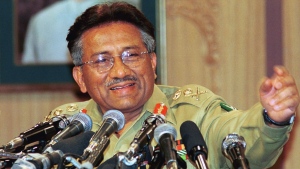 FILE - Then Pakistan Gen. Pervez Musharraf gestures at a news conference, Thursday March 23, 2000, in Islamabad. Gen. Musharraf, who seized power in a bloodless coup and later led a reluctant Pakistan into aiding the U.S. war in Afghanistan against the Taliban, has died, an official said Sunday, Feb. 5, 2023. He was 79.(AP Photo/B.K. Bangash, File)