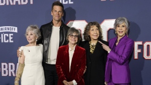 From left, Rita Moreno, Tom Brady, Sally Field, Lily Tomlin and Jane Fonda, cast members in "80 for Brady," pose together at the premiere of the film, Tuesday, Jan. 31, 2023, at the Regency Village Theatre in Los Angeles. THE CANADIAN PRESS/AP/Chris Pizzello