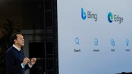 Yusuf Mehdi, Microsoft Corporate Vice President of Search speaks to members of the media about the integration of the Bing search engine and Edge browser with OpenAI on Tuesday, Feb. 7, 2023, in Redmond. Microsoft is fusing ChatGPT-like technology into its search engine Bing, transforming an internet service that now trails far behind Google into a new way of communicating with artificial intelligence. (AP Photo/Stephen Brashear)