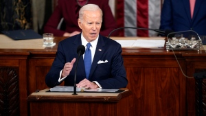 President Joe Biden delivers the State of the Union address to a joint session of Congress at the U.S. Capitol, Tuesday, Feb. 7, 2023, in Washington. Vice President Kamala Harris looks on. (AP Photo/Patrick Semansky)