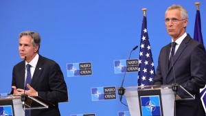 US Secretary of State Antony Blinken, left, and NATO Secretary General Jens Stoltenberg participate in a media conference after attending a meeting of NATO ambassadors at NATO headquarters in Brussels, Friday, Sept. 9, 2022. (AP Photo/Olivier Matthys)