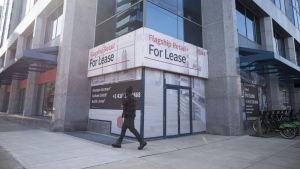 A commercial retail space is advertised for lease along King Street West in Toronto on March 9, 2021. Commercial real estate investment in Canada could reach an all-time high of $59.3 billion in 2023, spurred by greater merger and acquisitions activity. THE CANADIAN PRESS/Tijana Martin