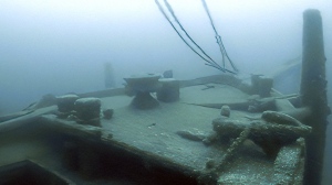 In this image taken from video provided by the Thunder Bay National Marine Sanctuary, the bow of the Ironton is seen in Lake Huron off Michigan's east coast in a June 2021 photo. Searchers have found the long-lost Great Lakes ship that came to a tragic end. Officials with the sanctuary in Alpena, Mich,, say they've located the Ironton, a freight schooner that plunged to the bottom of Lake Huron in 1894. The Ironton collided with another vessel in rough seas. Reports at the time said the seven-member crew scrambled into a lifeboat but it was tethered to the ship and pulled down. Five crewmen died. (Thunder Bay National Marine Sanctuary via AP)