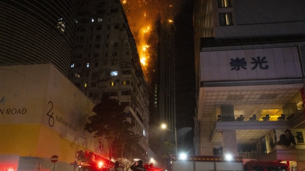 I vigili del fuoco combattono un incendio nel quartiere dello shopping di Hong Kong