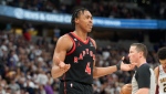 Toronto Raptors forward Scottie Barnes reacts after he was ejected late in the second half of an NBA basketball game against the Denver Nuggets, Monday, March 6, 2023, in Denver. (AP Photo/David Zalubowski)