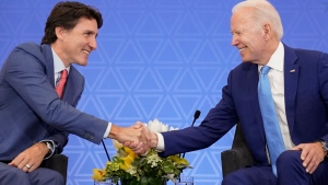 FILE - President Joe Biden meets with Canadian Prime Minister Justin Trudeau at the InterContinental Presidente Mexico City hotel in Mexico City, Jan. 10, 2023. Biden will visit Canada for the first time since taking office, the White House announced Thursday, March 9. The one-night trip will take place on March 23 and 24. (AP Photo/Andrew Harnik, File)