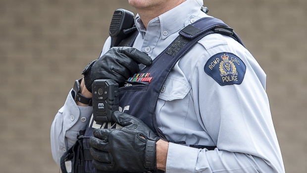 An RCMP officer wears a body camera