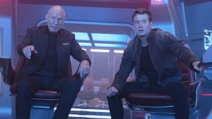 This image released by Paramount+ shows Patrick Stewart as Picard, left, and Ed Speleers as Jack Crusher in the "No Win Scenario" episode of "Star Trek: Picard." (Trae Patton/Paramount+ via AP)