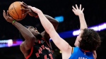 Toronto Raptors forward Pascal Siakam (43) is fouled by Oklahoma City Thunder guard Josh Giddey (3) during first half NBA basketball action in Toronto on Thursday, March 16, 2023. THE CANADIAN PRESS/Frank Gunn