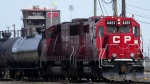 A Canadian Pacific Railway locomotive is shown at the main CP Rail train yard in Toronto on Monday, March 21, 2022. THE CANADIAN PRESS/Nathan Denette