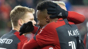 Toronto FC's Mark-Anthony Kaye his congratulated by Federico Bernardeschi after scoring his team's second goal against Inter Miami during second half MLS action in Toronto, Saturday, March 16, 2023. THE CANADIAN PRESS/Chris Young