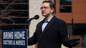 Conservative Leader Pierre Poilievre speaks during a press conference at the Ottawa Children’s Treatment Centre wing of the Children's Hospital of Eastern Ontario in Ottawa, on Sunday, March 19, 2023. THE CANADIAN PRESS/Spencer Colby