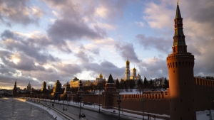 Sunset lights the Kremlin and frozen Moscow River in Moscow, Russia, Sunday, Jan. 16, 2022. THE CANADIAN PRESSAP, Alexander Zemlianichenko