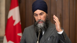 New Democratic Party leader Jagmeet Singh speaks with reporters before attending Question Period, Thursday, March 23, 2023 in Ottawa. THE CANADIAN PRESS/Adrian Wyld