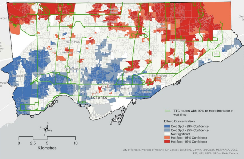 A map of the hot spots of ethnic concentration, in connection with the TTC routes facing 10 per cent or more service cuts. (Toronto Metropolitan University/Transform Lab)