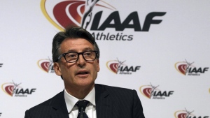 FILE - IAAF President Sebastian Coe speaks during a news conference after a meeting of the IAAF Council at the Grand Hotel in Vienna, Austria, June 17, 2016. Track and field banned transgender athletes from international competition Thursday, March 23, 2023, while adopting new regulations that could keep Caster Semenya and other athletes with differences in sex development from competing. (AP Photo/Ronald Zak, File)