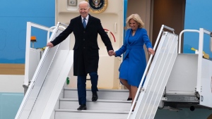 U.S. President Joe Biden and First Lady Jill Biden arrive at Ottawa/Macdonald–Cartier International Airport ahead of an official state visit in Ottawa, Thursday, March 23, 2023. THE CANADIAN PRESS/Spencer Colby