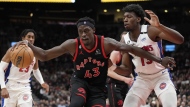Toronto Raptors forward Pascal Siakam (43) drives past Detroit Pistons centre James Wiseman (13) during first half NBA basketball action in Toronto on Friday, March 24, 2023. THE CANADIAN PRESS/Frank Gunn