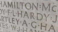 Frederick Lea Hardy's name carved into the Canadian National Vimy Memorial in France, April 2022 is shown in a handout photo. THE CANADIAN PRESS/HO-Sarah Worthman
