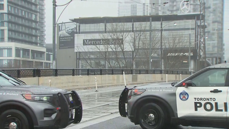 Part of the roof of a Mercedes-Benz dealership in Regent Park has blown off and landed on a nearby roadway, according to Toronto police.