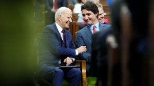 Prime Minister Justin Trudeau and U.S. President Joe Biden share a laugh after Biden's address to Parliament in the House of Commons, on Parliament Hill, in Ottawa, Friday, March 24, 2023. U.S. envoy David Cohen says Biden's visit was an authentic, intimate showcase of how important Canada continues to be to its southern neighbour. THE CANADIAN PRESS/Sean Kilpatrick