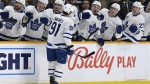 Toronto Maple Leafs center John Tavares (91) is congratulated after scoring against the Nashville Predators during the first period of an NHL hockey game, Sunday, March 26, 2023, in Nashville, Tenn. (AP Photo/Mark Zaleski)
