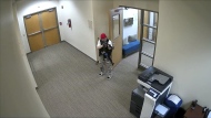 In this screen grab from surveillance video tweeted by the Metropolitan Nashville Police Department, Audrey Elizabeth Hale points an assault-style weapon inside The Covenant School in Nashville, Tenn., Monday, March 27, 2023. The former student shot through the doors of the Christian elementary school and killed several children and adults before being killed by police. (Courtesy of Metropolitan Nashville Police Department via AP)