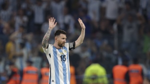 Argentina's Lionel Messi celebrates scoring during an international friendly soccer match against Curacao in Santiago del Estero, Argentina, Tuesday, March 28, 2023. (AP Photo/Nicolas Aguilera)