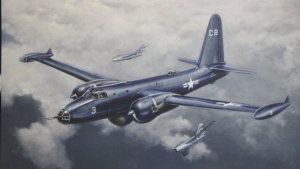 This March 28, 2023, photo shows a depiction by artist John Hume of the Navy Neptune that was shot down by Soviet MiG-15s on June 22, 1955, as displayed in Gambell, Alaska. Sixteen Alaska National Guard members were honored with Alaska Heroism Medals for helping rescue the crew after the plane crash-landed on St. Lawrence Island. Hume donated the print to the Village of Gambell. (AP Photo/Mark Thiessen)