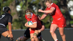 Canada's Tyson Beukeboom (centre) in action during the 2022 Pacific Four Women's Rugby Series rugby match between NZ Black Ferns and Canada at Trusts Stadium in Auckland, New Zealand on Sunday, June 12, 2022. THE CANADIAN PRESS/HO-Rugby Canada-Dave Lintott