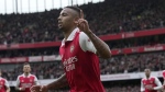 Arsenal's Gabriel Jesus celebrates scoring his side's first goal during the English Premier League soccer match between Arsenal and Leeds United at the Emirates Stadium in London, Saturday, April 1, 2023.(AP Photo/Kin Cheung)