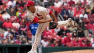 St. Louis Cardinals starting pitcher Jack Flaherty throws during the first inning of a baseball game against the Toronto Blue Jays Saturday, April 1, 2023, in St. Louis. (AP Photo/Jeff Roberson)