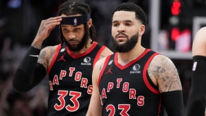 Toronto Raptors guard Fred VanVleet (23) and teammate guard Gary Trent Jr. (33) walk off the court for a time out during second half NBA basketball action against the Chicago Bulls in Toronto on Wednesday, April 12, 2023. THE CANADIAN PRESS/Frank Gunn 