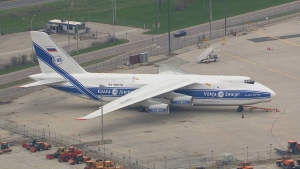 A Russian cargo plane, belonging to the airline Volga-Dnepr, has been parked at Toronto Pearson International Airport for more than a year (CTV News Toronto/ Craig Berry). 