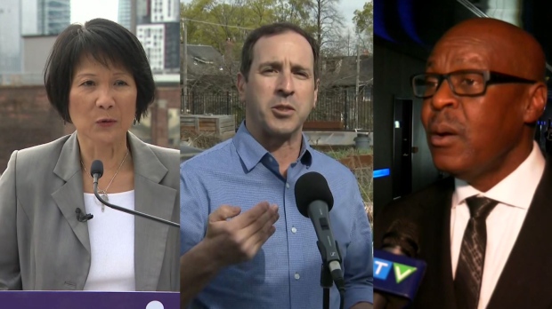 Toronto mayoral candidates Olivia Chow, Josh Matlow, and Mark Saunders are seen here.