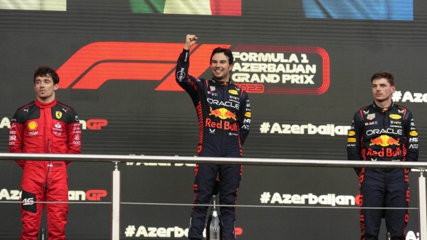 Winner Red Bull driver Sergio Perez of Mexico