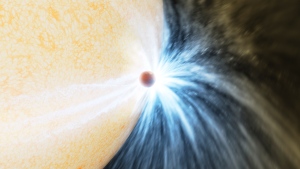 This illustration provided Caltech/IPAC by depicts a planet skimming the surface of its star. Astronomers reported their observations Wednesday, May 3, 2023, of what appears to be a gas giant at least the size of Jupiter being eaten by its star. The sun-like star had been puffing up with old age for eons and finally got so big that it engulfed the close-orbiting planet. (K. Miller, R. Hurt/Caltech/IPAC via AP)