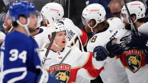 Florida Panthers defenceman Gustav Forsling (42) celebrates his goal against the Toronto Maple Leafs with teammates during second period NHL second round playoff hockey action in Toronto on Thursday May 4, 2023. THE CANADIAN PRESS/Frank Gunn 