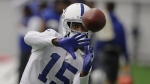 Indianapolis Colts wide receiver Dontrelle Inman makes a catch during practice at the NFL team's facility, Wednesday, Jan. 2, 2019, in Indianapolis. Inman has cut short his return to the Toronto Argonauts. Toronto placed the veteran receiver on the retired list Monday, one day after he opened training camp with the CFL club. THE CANADIAN PRESS/AP/Darron Cummings