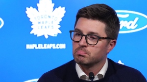 Toronto Maple Leafs general manager Kyle Dubas speaks to media during an end-of-season availability in Toronto, on Monday, May 15, 2023. The Maple Leafs were eliminated from the NHL playoffs by the Florida Panthers on Friday. (THE CANADIAN PRESS/Nathan Denette)