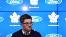 Toronto Maple Leafs general manager Kyle Dubas speaks to media during an end-of-season availability in Toronto, on Monday, May 15, 2023. Dubas is out as general manager of the Toronto Maple Leafs. The team said Friday the 37-year-old's contract that was scheduled to expire June 30 won't be renewed ahead of the 2023-24 season. THE CANADIAN PRESS/Nathan Denette