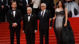 Leonardo DiCaprio, from left, director Martin Scorsese, Robert De Niro, and Cara Jade Myers pose for photographers upon arrival at the premiere of the film 'Killers of the Flower Moon' at the 76th international film festival, Cannes, southern France, Saturday, May 20, 2023. (Photo by Joel C Ryan/Invision/AP)