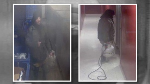 A suspect who was being sought in connection with an arson investigation in Hamilton is shown in these surveillance camera images. (Hamilton police)