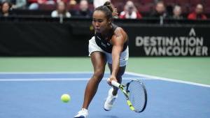 FILE - Canada's Leylah Annie Fernandez returns to Belgium's Yanina Wickmayer during a Billie Jean King Cup qualifiers singles match, in Vancouver, on Friday, April 14, 2023. THE CANADIAN PRESS/Darryl Dyck