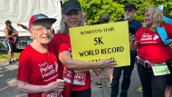 Ninety-six year old Rejeanne Fairhead, left, shown in this handout image, says until two years ago the most athletic things she had ever done involved bowling and horse shoes. Now she is a world-record holding racer. Fairhead completed the 5K race at the Tamarack Ottawa Race Weekend Saturday in just over 51 minutes.THE CANADIAN PRESS/HO-Tamarack Ottawa Race Weekend **MANDATORY CREDIT **
